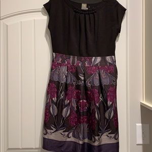 Lined;purple and pink floral design;cap sleeves.